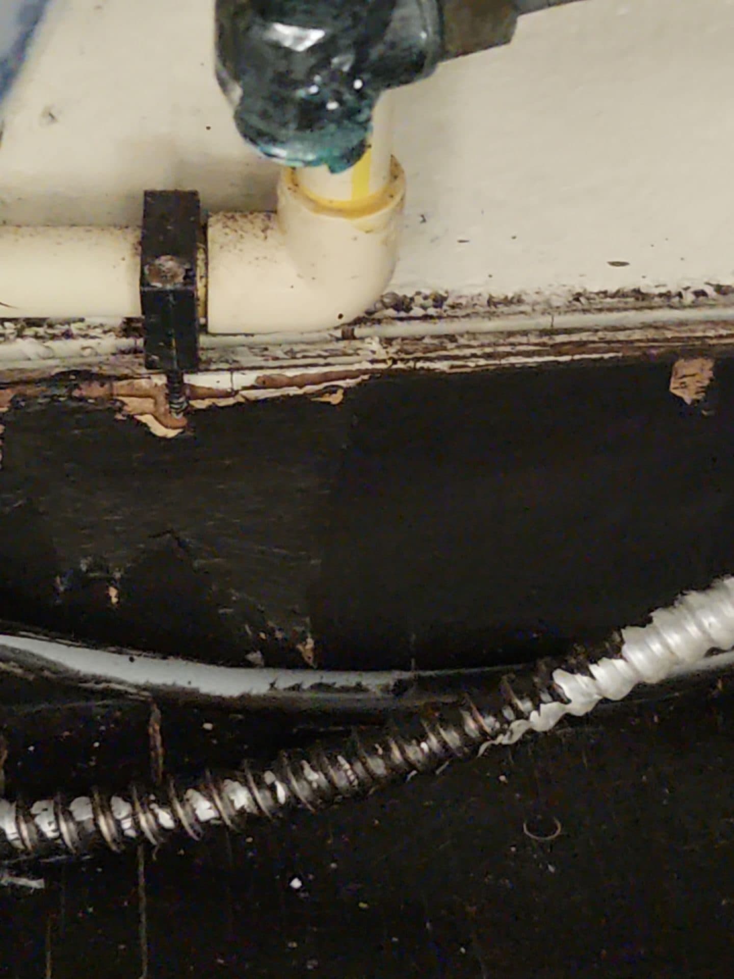 Baseboard removed during mold remediation to treat the wall
